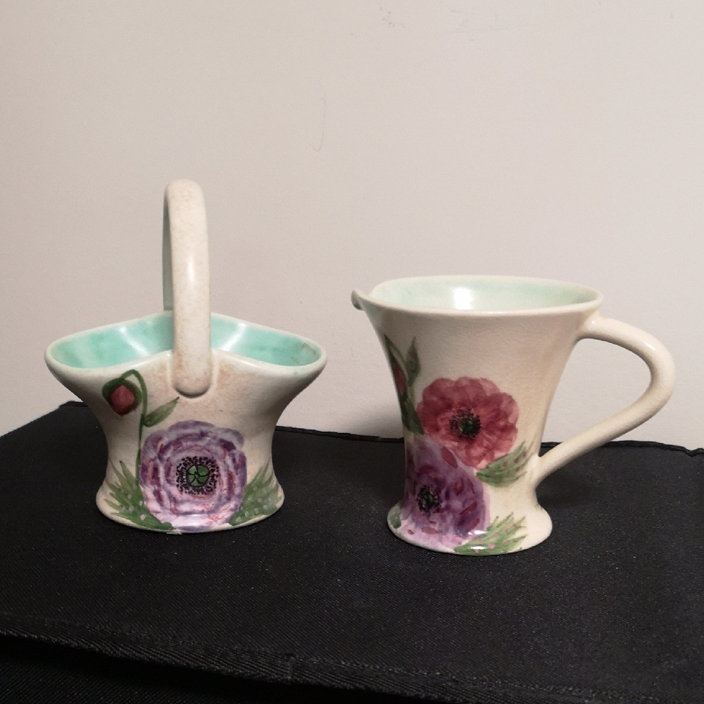 Lovely Radford Pottery England Set Of Creamer And Open Sugar Basket Floral
